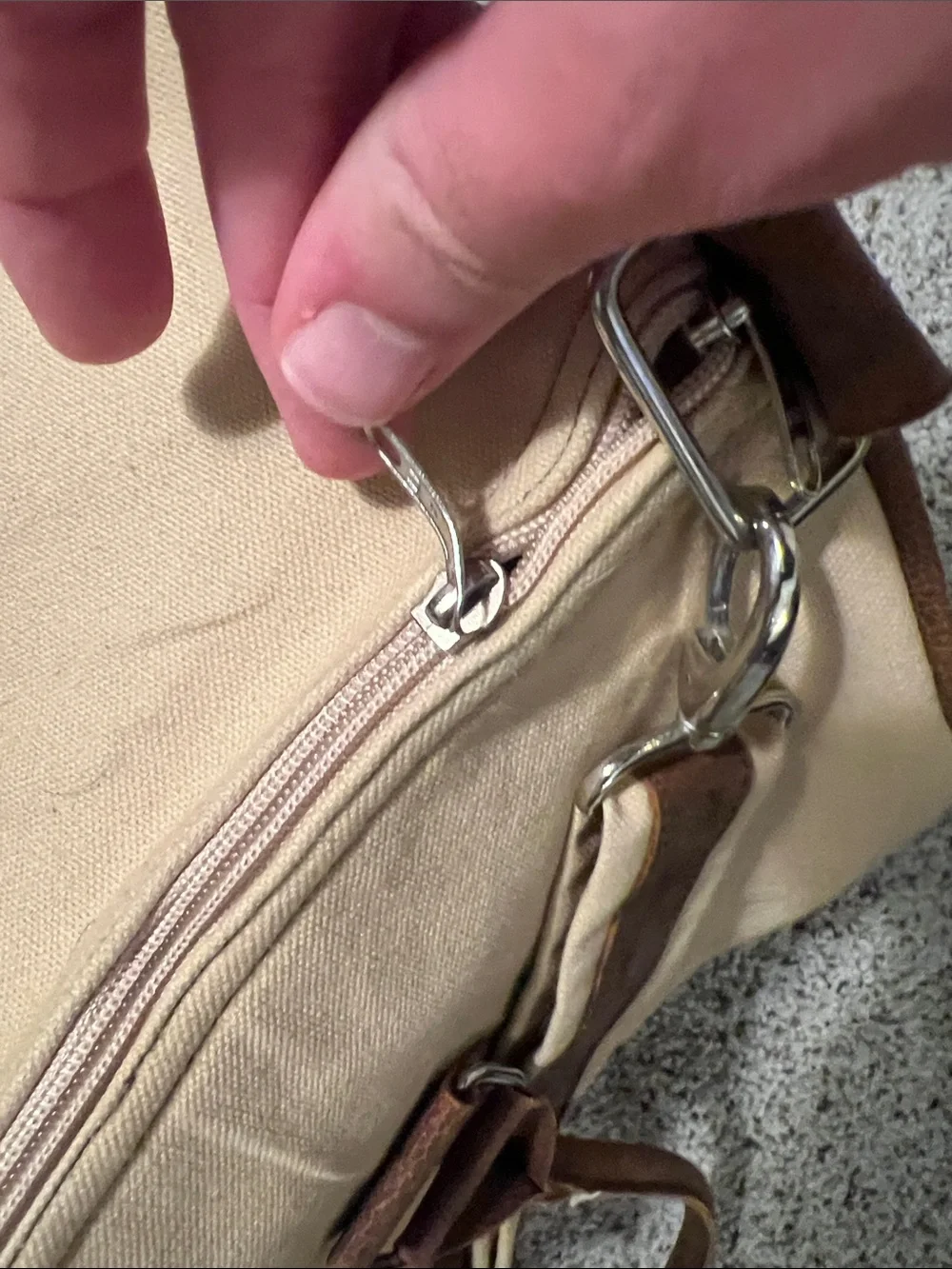 Canvas Duffel Bag with Brown Leather Handles and Accents - Beige